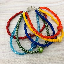 Stack Bracelet Look Rainbow Red Orange Yellow Green Blue 6 Strand Silver Clasp - £24.05 GBP