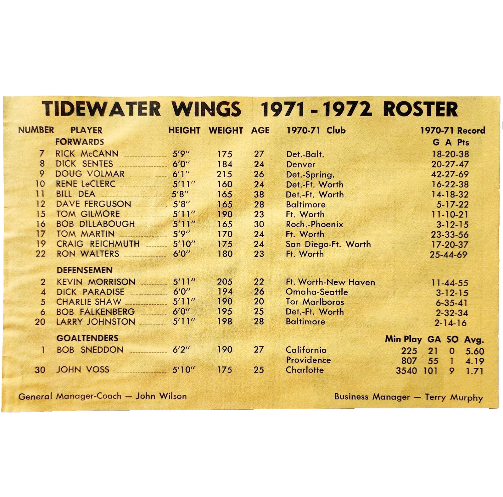 1971 Tidewater Wings 1971-72 Roster AHL Hockey Stats Minor Leagues Vinta... - $19.99
