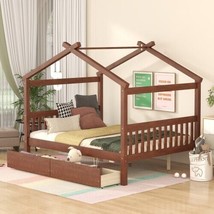 Full Size Wooden House Bed with Drawers, Walnut - $273.84