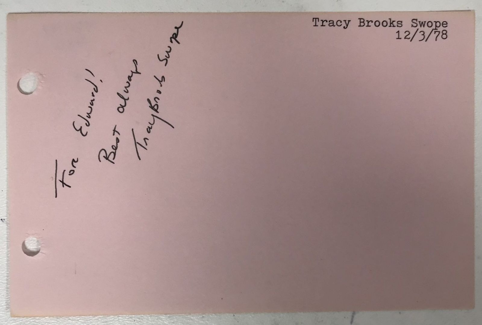Tracy Brooks Swope Signed Autographed Vintage 4x6 Signature Page - $15.00
