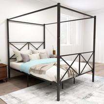 Metal Canopy Bed Frame, Platform Bed Frame Queen with X Shaped Frame Queen Black - £148.31 GBP