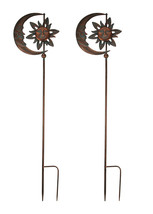 2 Verdigris Patina Copper Finish Celestial Sun and Moon Wind Spinner Stakes - $39.59