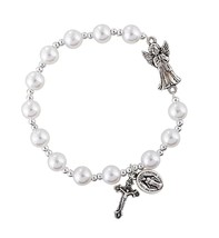 Guardian Angel White Bead Rosary Charm Bracelet, 7 1/2 Inch - £26.50 GBP