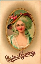 Christmas Greetings Victorain Woman Large Hat Gilt Embossed 1909 Postcard - £4.69 GBP