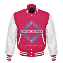 Pink Varsity Baseball Genuine Leather Sleeve Letterman College  Men Wool Jacket - £77.12 GBP