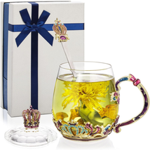 Mothers Day Gifts for Mom Her Women 10 Oz Enamel Glass Tea Cup with Lid and Spoo - £19.68 GBP