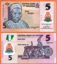 NIGERIA  2009 GEM UNC 5 Naira Banknote Polymer Money Bill  P-38a  6-digi... - $1.25