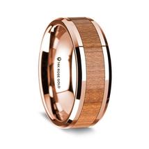 14K Rose Gold Polished Beveled Edges Wedding Ring with Cherry Wood Inlay - 8 mm - $1,879.99