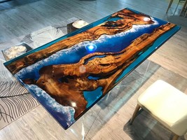 Ocean Blue Epoxy Resin Acacia Dining Custom Side Table Handmade Furniture Decor - £413.56 GBP+
