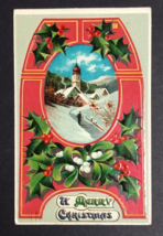 A Merry Christmas Scenic View Church Holly Embossed Glossy Saxony Postcard c1910 - £8.03 GBP