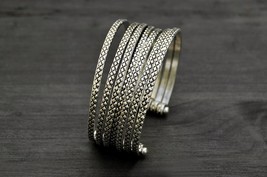 Silver Boho Tribal Cuff Bracelet, Wide Multi Bangle Bracelet for Her - $36.00