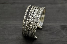 Silver Boho Tribal Cuff Bracelet, Wide Multi Bangle Bracelet for Her - £28.52 GBP