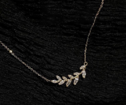 14K Gold Hanging Crystal Fern Necklace - 925 Silver, chain, small, fine, gift - £42.75 GBP