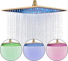 16&quot; LED Gold Square Rainfall Shower Head High Pressure Waterfall Solid B... - £57.80 GBP