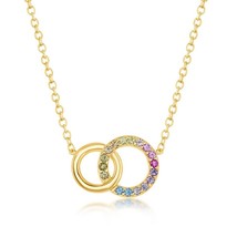Sterling Silver Rainbow CZ Double Linked Circle Necklace - Gold Plated - £48.90 GBP