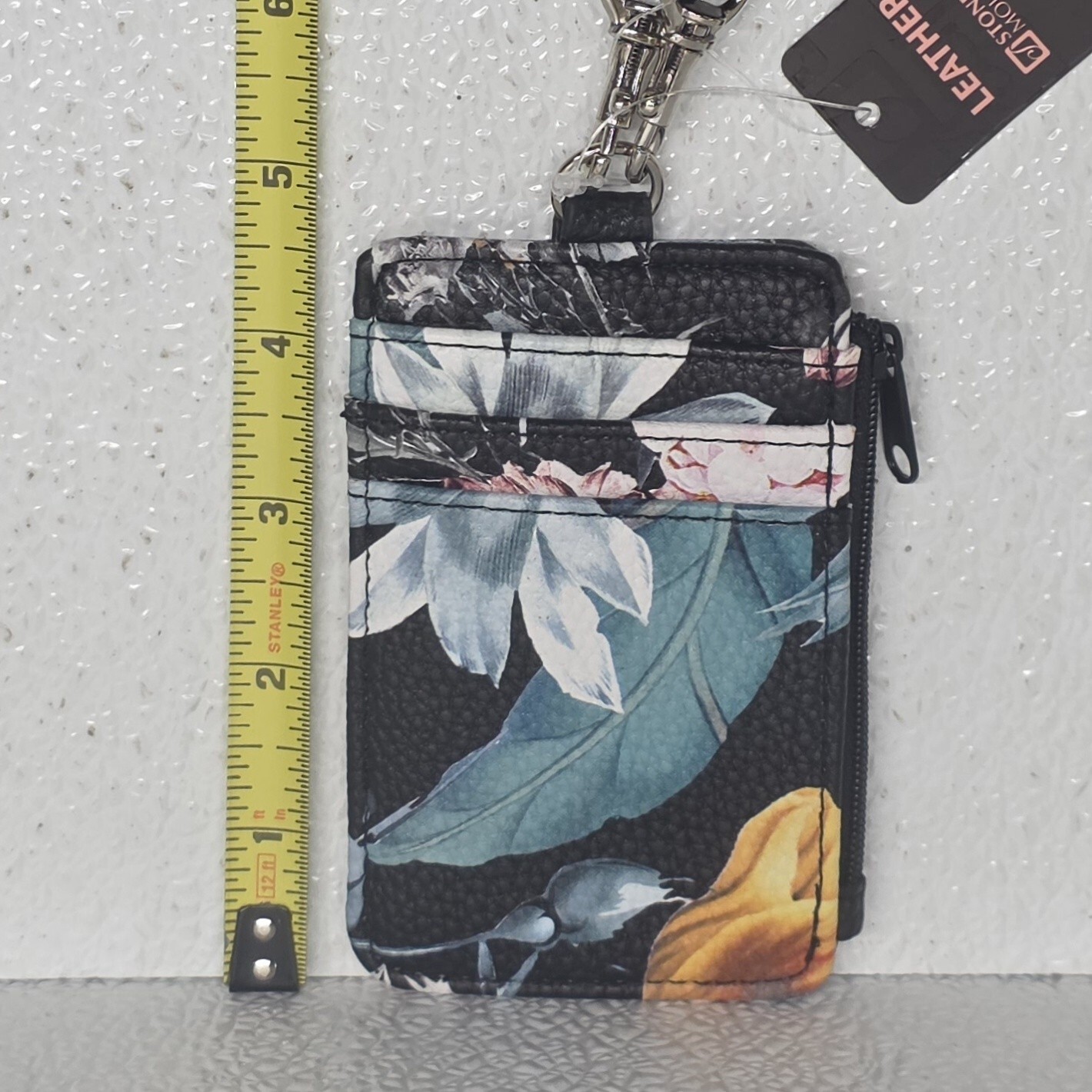 Stone Mountain Black Floral Leather Blend Zip Money & ID Card Holder Lanyard NWT Item image 14