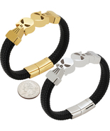 316L Stainless Steel 18k Yellow Gold Plated 17mm Skull Leather Bracelet 8” - $33.99