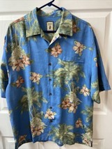 Jamaica Jaxx Hawaiian Silk Shirt Mens Size L Blue Palm Frond Hibiscus Tr... - $19.48