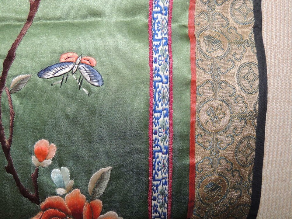 Chinese Silk Embroidery 17"x9" Panel Tapestry Brocade butterfly Vintage Antique Item image 4