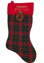 Vintage Christmas Stocking Gingham Plaid Handmade Red Felt Trim Seasons ... - $24.69