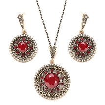 Kinel Boho Crystal Flower Red Stone Pendant Necklace Earring For Women Ancient G - £17.13 GBP
