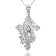 925 Sterling Silver Cross with Praying Hands Pendant Necklace - $23.90+