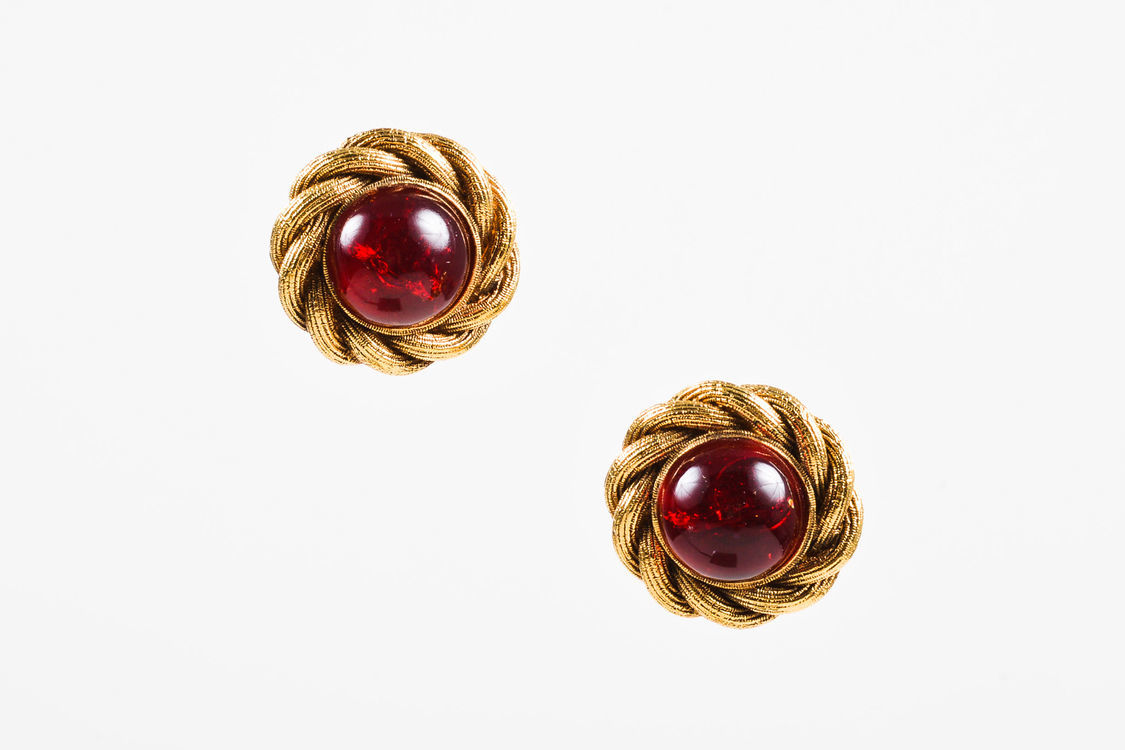 VINTAGE Chanel Gold Tone Red Stone Embellished Woven Clip On Cocktail Earrings - $775.00