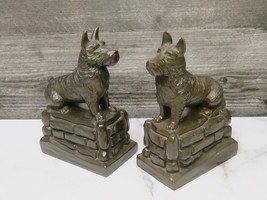 Pair Heavy Scotty Dog Sitting on a  Brick Wall Bookends Scottish Terrier Westie - £34.81 GBP