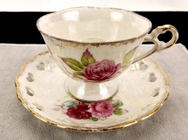 Footed Tea Cup &amp; Saucer Set, Painted Roses, Reticulated Hearts, Vintage ... - $14.65