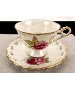 Footed Tea Cup &amp; Saucer Set, Painted Roses, Reticulated Hearts, Vintage ... - $274.76 MXN