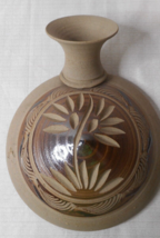 Southwestern Stoneware Vessel Water Jug Pot Glazed Carvings Flower Turtle Top - £34.36 GBP