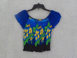 HIBISCUS COLLECTION SMOCKED TOP BLOUSE SZ M BLUE BLACK HAWAIIAN FLORAL S... - £10.37 GBP