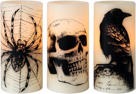 Eldnacele Halloween Flickering Candles with Skull, Spider Web, Crow Raven Decals - £31.26 GBP