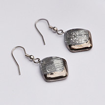 Earrings Czech Handmade Painted Glass, Grey White With Platinum and Glitters, Sq - £17.50 GBP
