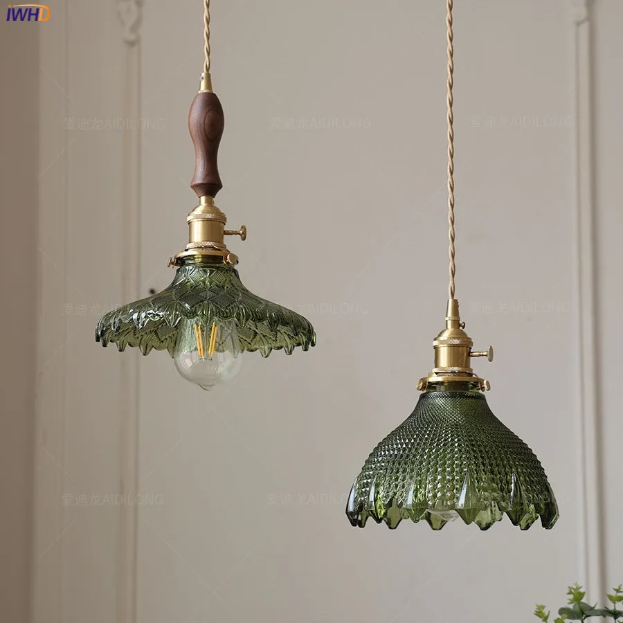 IWHD Modern Green Glass LED Pendant Lamp Beside Copper Wood Handle Bedroom - $45.12+