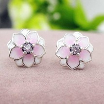 S925 Sterling Silver Magnolia Bloom, Pale Cerise Enamel &amp; Pink CZ Stud Earrings - $17.00