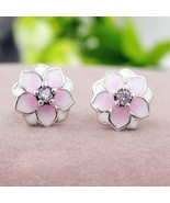 S925 Sterling Silver Magnolia Bloom, Pale Cerise Enamel &amp; Pink CZ Stud E... - $18.00
