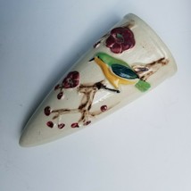 Japan Wall Pocket Vase Green Yellow Bird on Cherry Branch Hand Painted Cone - £10.22 GBP