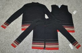 Womens Sweater Set Rafael 3 Pc Black Red Beige Cardigan, Shirt &amp; Turtleneck-sz M - £30.07 GBP