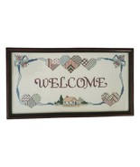 Vtg Welcome Sign Framed Completed Cross Stitch Country Cottage Hearts Bl... - £31.13 GBP