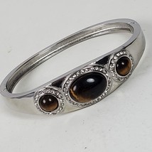 Vintage Style Tiger&#39;s Eye Silver Tone Cuff Clamp Bracelet w/ Faux Diamonds - $16.83