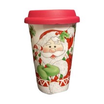 Fitz &amp; Floyd Travel Mug Christmas Candy Cane Santa Holly Berry Red Silicone Lid - £17.50 GBP
