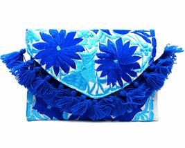 White Floral Embroidered Pom Fringe Slim Envelope Clutch Purse Crossbody Strap B - $25.73