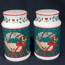 Christmas Salt and Pepper Shakers With Holiday Geese Holly and Gold Accents - $12.64