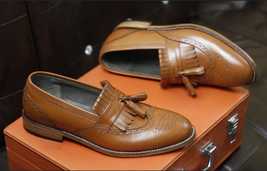 Handmade men&#39;s genuine brown leather loafer shoes, men tassels loafer - £160.25 GBP