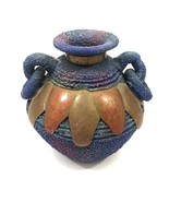 Sand Pottery Jar Vase with Handle Rings Dark Blue &amp; Copper Trim - $27.76 CAD
