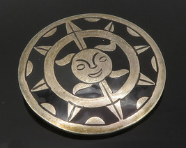 MEXICO 925 Sterling Silver - Vintage Black Onyx Sun Face Brooch Pin - BP4498 - £77.26 GBP