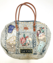 Denim Slouchy Boho Bag Tote Bling Patchwork Studs Faux Leather Handle LG... - £61.08 GBP