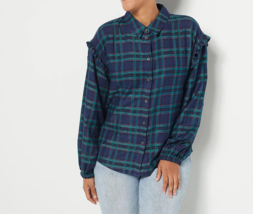 Candace Cameron Bure Button-Front Plaid Shirt Ruffle Detail- Midnight Plaid, Xxs - £19.97 GBP