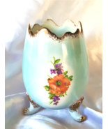 Vintage Ceramic Charm Cracked Egg  3 Footed Blue with Floral Gold Trim - $9.90